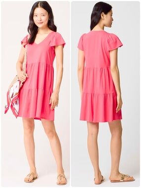 J CREW 100% Cotton Tiered Mini Dress Short Sleeve V-Neck Stretch Pullover Coral